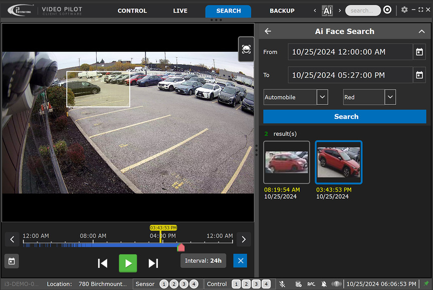 AI video search showing parking lot playback and vehicle details