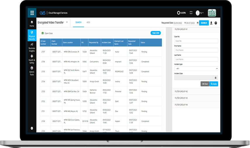 Encryption video transfer reports showing the list of status cases