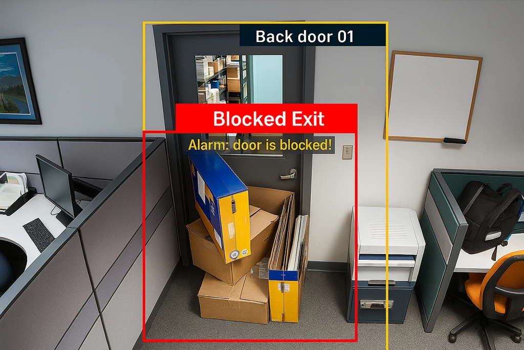 Blocked door detection alert for workplace safety compliance