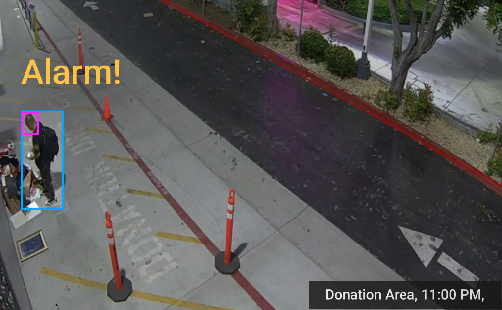 AI alarm detecting activity in the donation area at night
