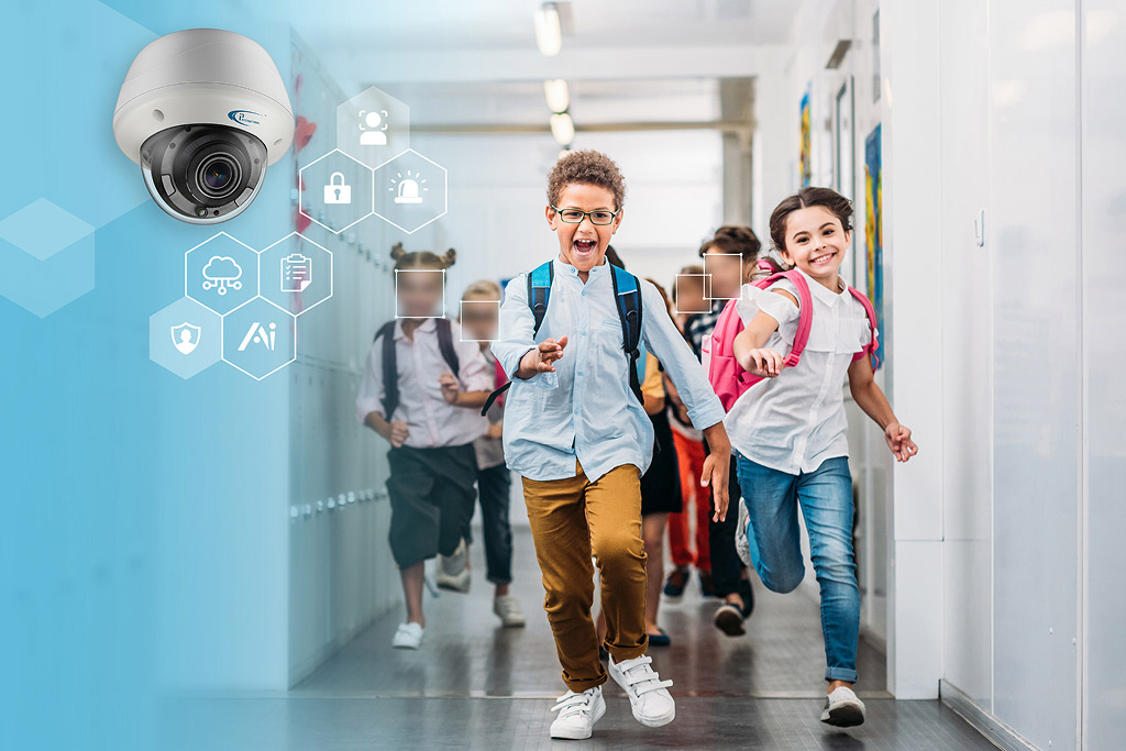 Children with backpacks running down a school hallway near a security camera graphic