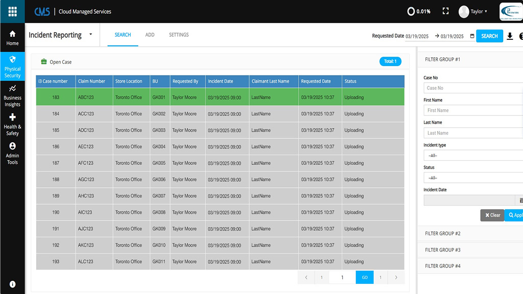 Incident reporting dashboard with case details and status