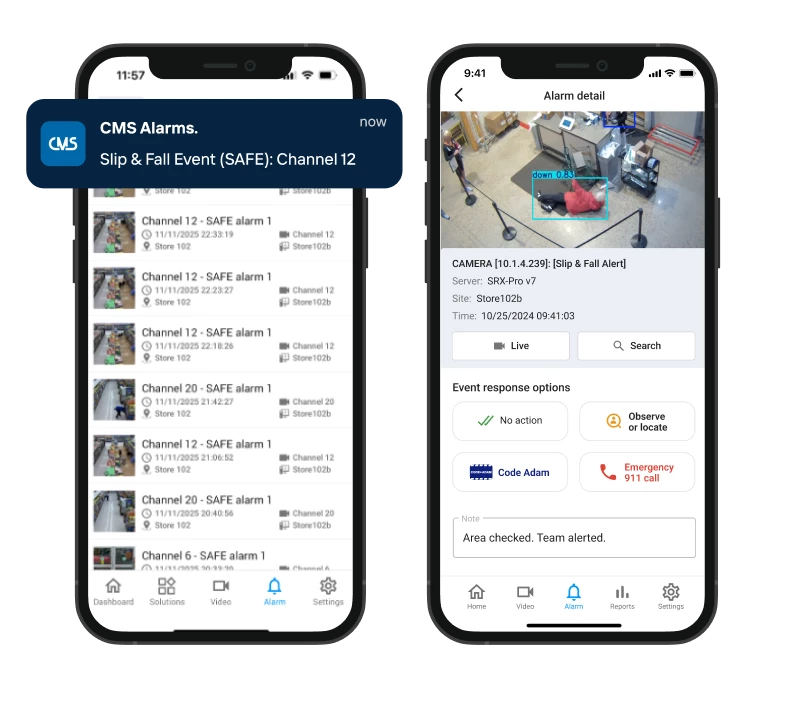 Slip and fall alert notification and alarm detail on mobile