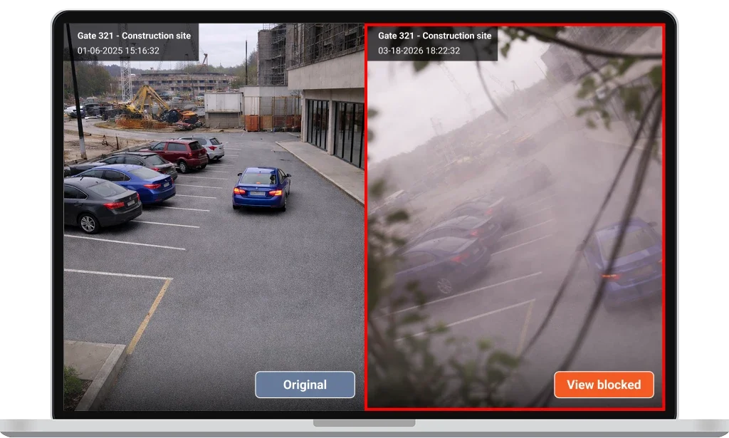 Shows a parking lot next to a construction site, with the original image clear and the right image obscured by dust, labeled "View blocked