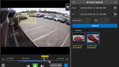 AI video search showing parking lot playback and vehicle details