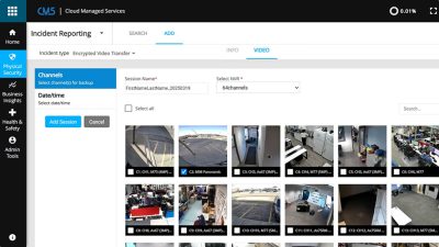 CMS dashboard for incident reporting showing multiple security camera channels and video selection options