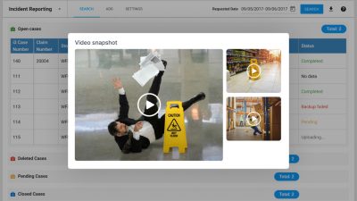 Incident reporting dashboard showing slip-and-fall video snapshot